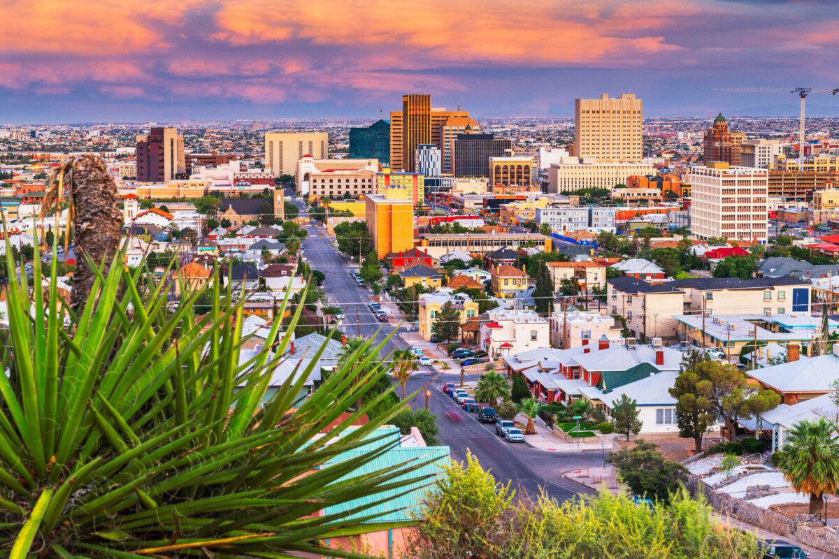 El Paso, Texas, USA  downtown city skyline at dusk with Juarez, Mexico in the distance.