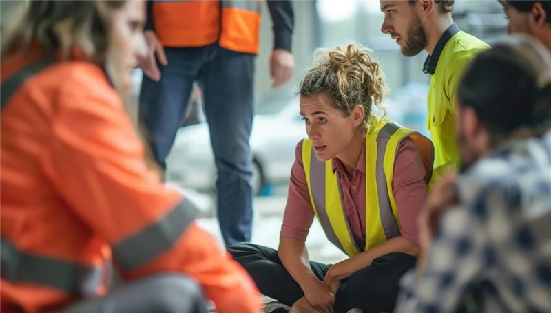 A group of people wearing safety vests sit together in discussion, with one woman crouched in the center actively listening. The setting appears to be a disaster response or safety training environment.